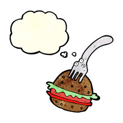 cartoon fork and burger with thought bubble