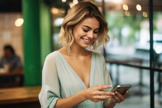 Woman is shown smiling while looking at her cell phone. This image can be used to depict happiness, technology, communication, or social media.
