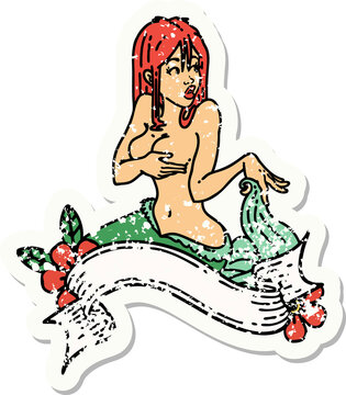 distressed sticker tattoo in traditional style of a pinup mermaid with banner