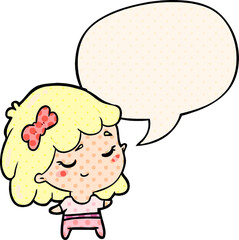 cute cartoon happy girl with speech bubble in comic book style