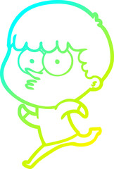 cold gradient line drawing of a cartoon curious boy running