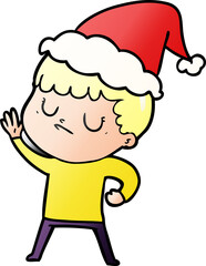 hand drawn gradient cartoon of a grumpy boy wearing santa hat