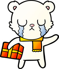 crying polar bear cartoon with christmas gift