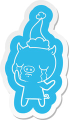 quirky cartoon  sticker of a pig crying wearing santa hat