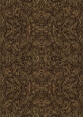 Hand-drawn unique abstract symmetrical seamless gold ornament with golden glittery splatter on a dark brown background. Paper texture. Digital artwork, A4. (pattern: p03d)