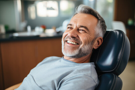 Picture of man sitting in chair with genuine smile. This image can be used to depict happiness, relaxation, or contentment in various settings.