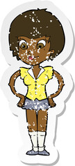 retro distressed sticker of a cartoon pretty woman with hands on hips