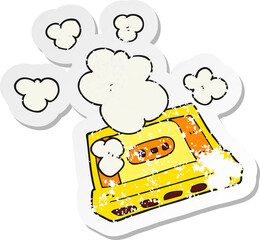 retro distressed sticker of a cartoon cassette tape