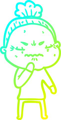 cold gradient line drawing of a cartoon annoyed old lady