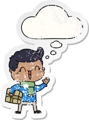 cartoon laughing boy with thought bubble as a distressed worn sticker