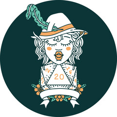 icon of elf bard with natural twenty dice roll
