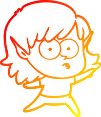 warm gradient line drawing of a cartoon elf girl staring