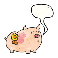 freehand speech bubble textured cartoon prize winning pig