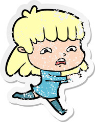 distressed sticker of a cartoon worried woman