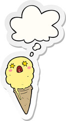 cartoon shocked ice cream with thought bubble as a printed sticker