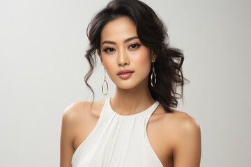 Fototapeta premium Woman wearing white dress poses for picture. This image can be used for various purposes, such as fashion, photography, or lifestyle projects.