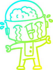 cold gradient line drawing of a cartoon crying robot