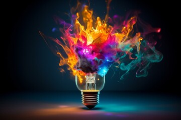 Colorful explosion from a creative light bulb represents a new idea and brainstorming concept. Generative AI