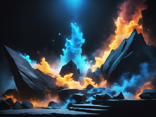 dark rock podium display background with smoke and sparks