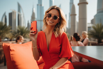 Woman in red dress holding red cell phone. This image can be used to illustrate modern technology and communication.