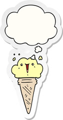 cartoon ice cream with face with thought bubble as a printed sticker