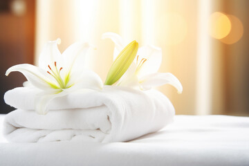 Obraz na płótnie Canvas White Towels and Lily Flowers Against Blurred Background