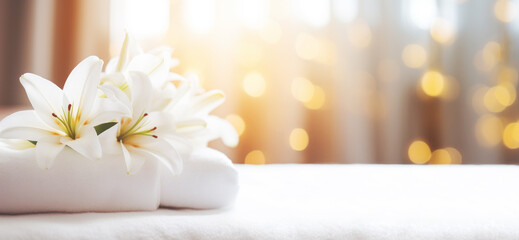 White Towels and Lily Flowers Against Blurred Background Banner with Copy Space