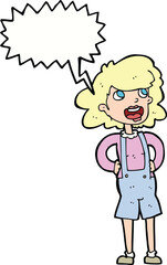 cartoon woman in dungarees with speech bubble