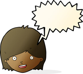 cartoon happy female face with speech bubble