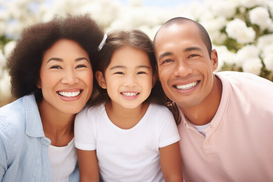 A man, a woman, and a little girl are posing for a picture. This image can be used for family portraits or capturing special moments.