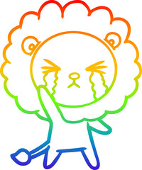 rainbow gradient line drawing of a cartoon crying lion