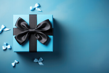 A blue gift box with a black bow on it. Perfect for birthdays, holidays, or any special occasion.