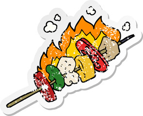 distressed sticker of a cartoon kebab sticks