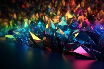 A luxurious wallpaper with reflective crystal shapes in vibrant multicolored hues. Futuristic 3D rendering. Generative AI