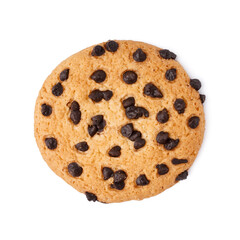 Tasty cookie with chocolate chips on white background