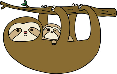 hand drawn quirky cartoon sloth and baby © lineartestpilot