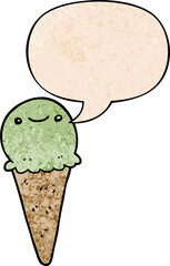cartoon ice cream with speech bubble in retro texture style