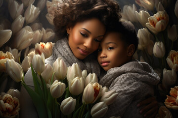 Woman and child embracing each other in a beautiful field of colorful tulips. Love, family bonding, and the joy of nature. Advertisements, greeting cards, and social media posts.
