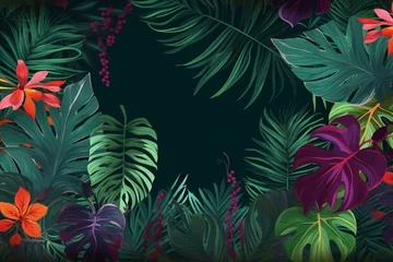 Fotobehang Colorful tropical foliage  monstera, fern, palm, hibiscus. Lush jungle visual with leafy border. Generative AI © Maria
