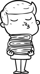 cartoon model guy pouting holding books