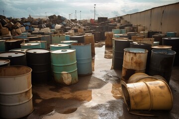 Overflowing toxic site with barrels and containers. Generative AI - obrazy, fototapety, plakaty