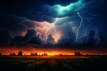Intense storm with electrifying bolts above a meadow. Generative AI