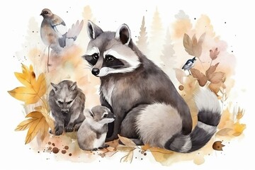 Hand-painted watercolor illustration of isolated grey raccoon among woodland animals. Generative AI