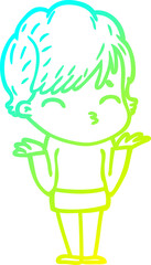 cold gradient line drawing of a cartoon woman thinking