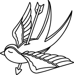 tattoo in black line style of a swallow pierced by arrow