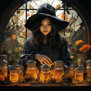A sorceress in a hat makes a potion from herbs. Pin up image. A witch preparing a potion. Concept: character from fairy tales. Halloween and magic.