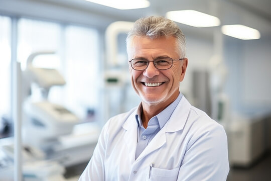 A man wearing a white lab coat smiles warmly at the camera. This professional-looking image is perfect for showcasing scientific research, medical advancements, or educational materials.