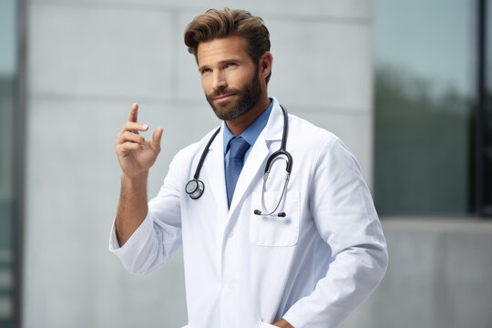 A man wearing a white lab coat is pointing at something. This image can be used to depict a scientist, researcher, or medical professional explaining or showing something important.