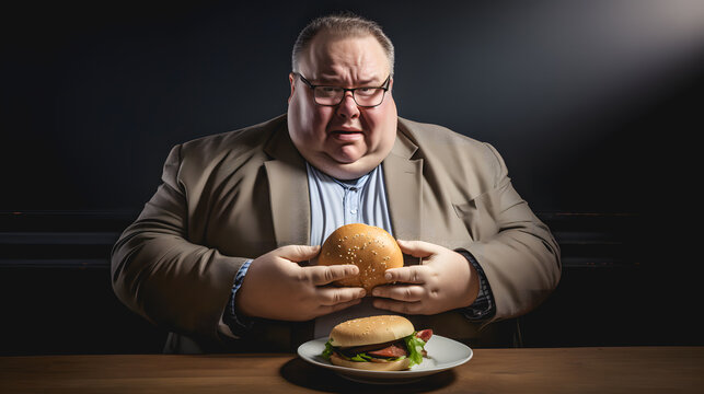 Une homme en surpoids en train de manger un burger &agrave; table.  