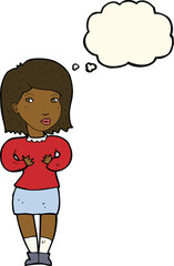 cartoon woman making excuses with thought bubble